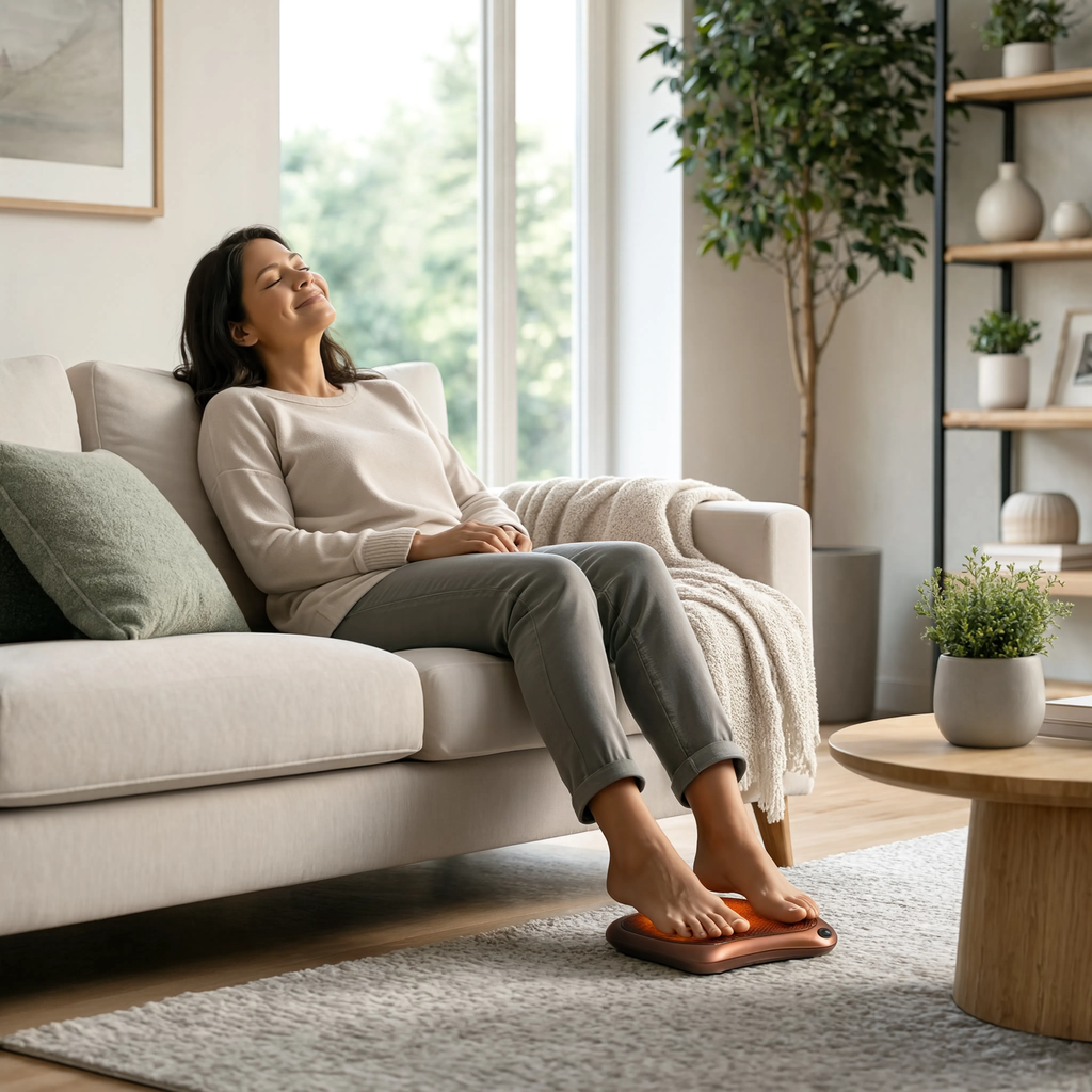 Mujer usando ZenPod en el sofa