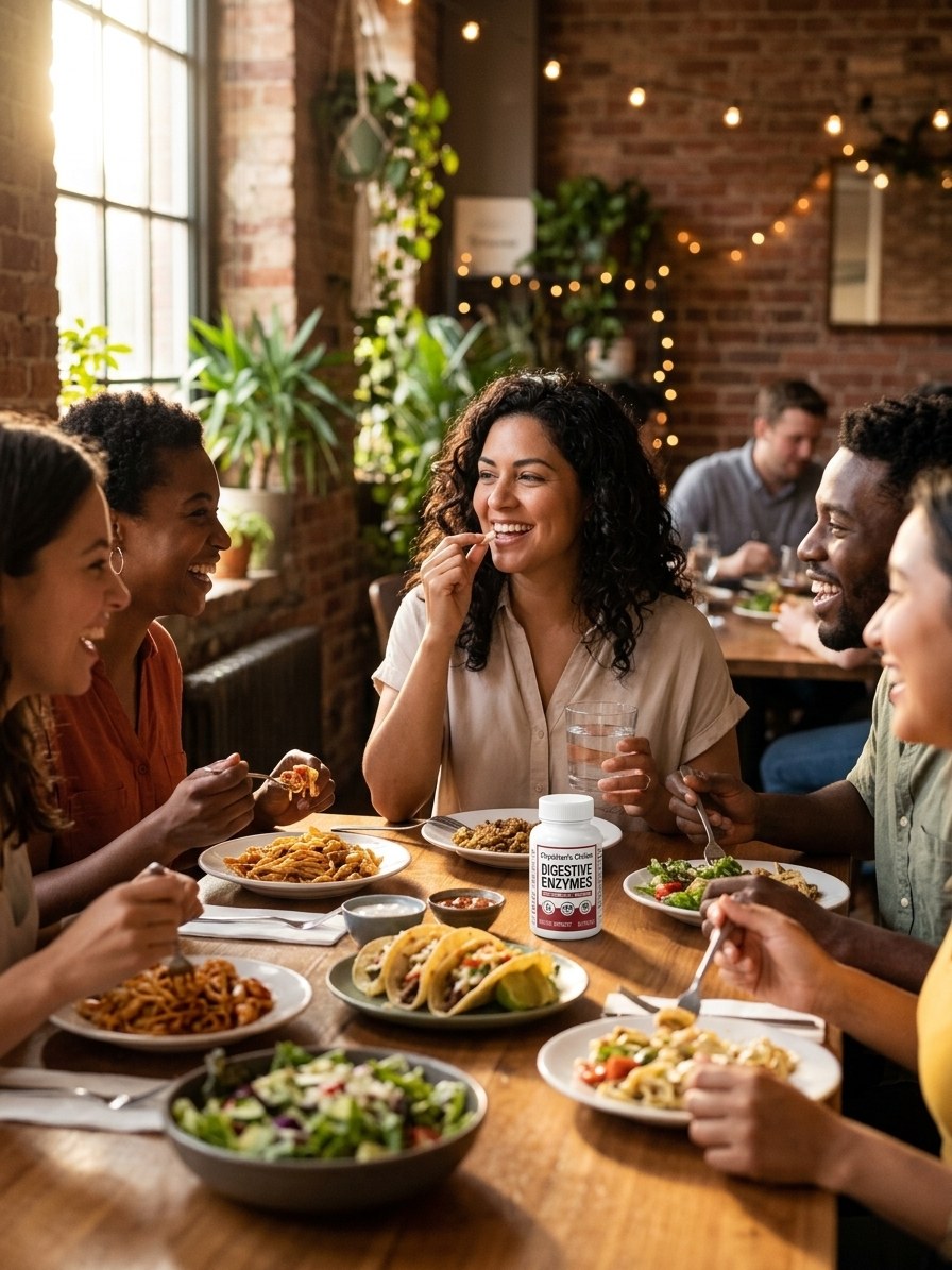 Mujer tomando Digestive Enzimes antes de comer
