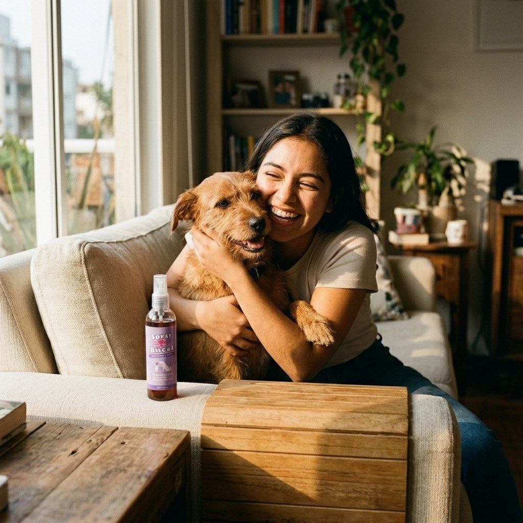 Mujer abrazando a su perro con PetFresh
