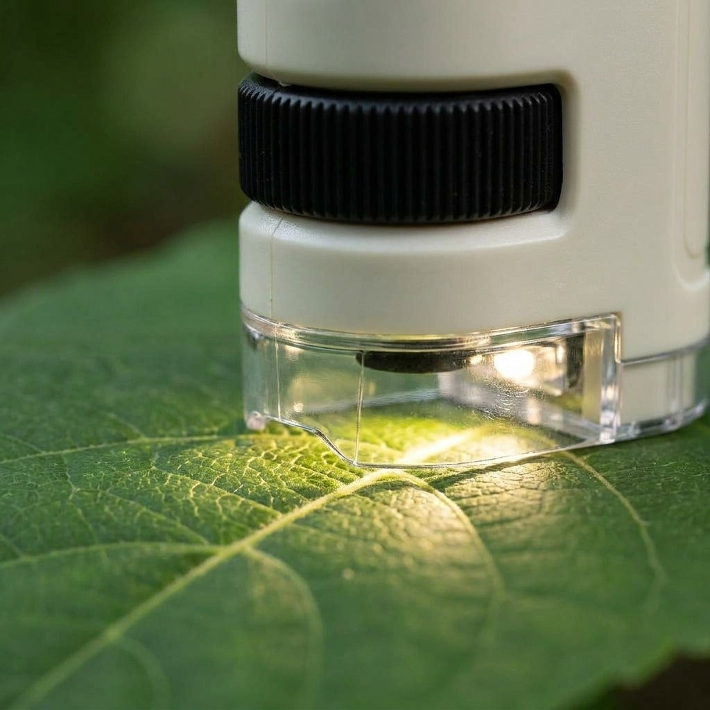 Luz LED del microscopio sobre una hoja