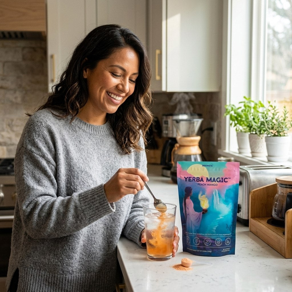 Mujer preparando Yerba Magic en su rutina matutina