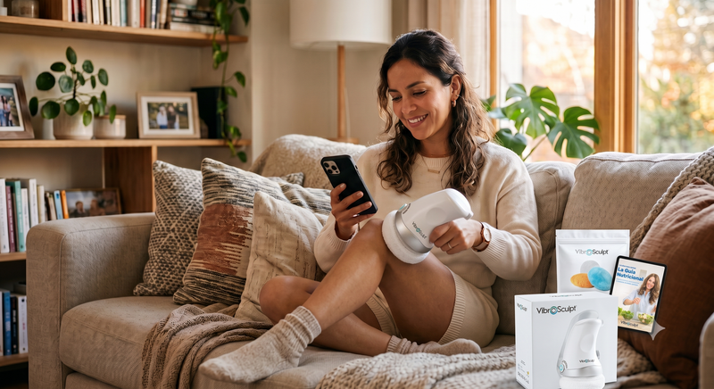 Mujer relajada usando VibroSculpt en casa