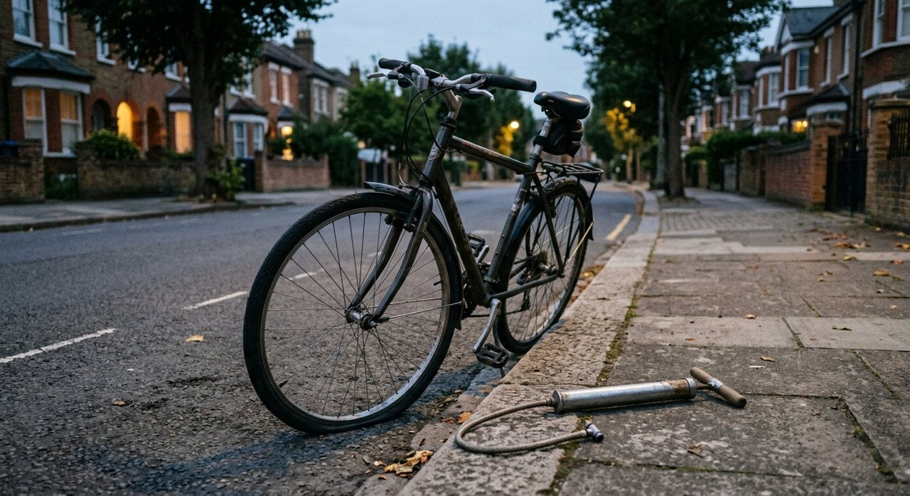 Bicicleta con la llanta baja y bomba manual