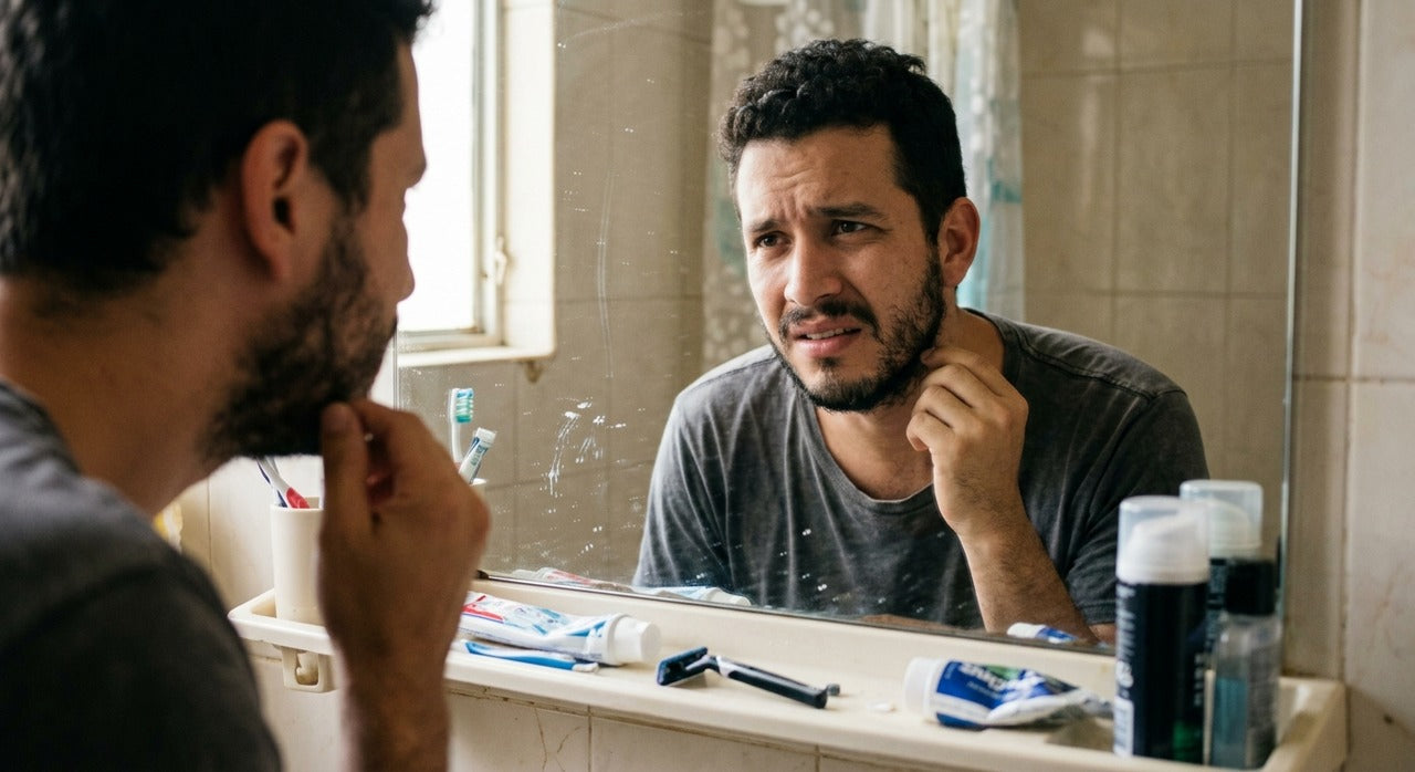 Hombre inseguro por barba con apariencia de parches