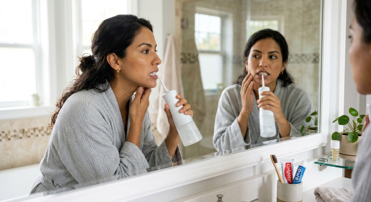 Mujer usando AquaFloss en su rutina