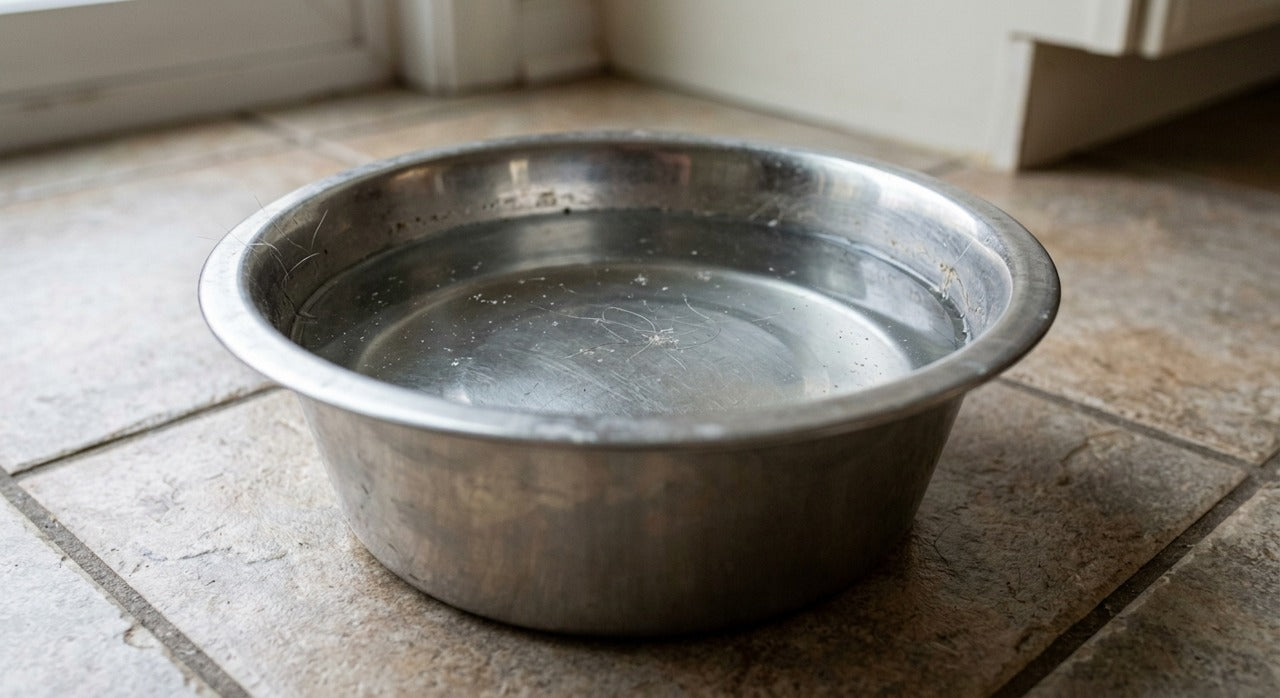 Plato de agua quieta con pelo en la superficie