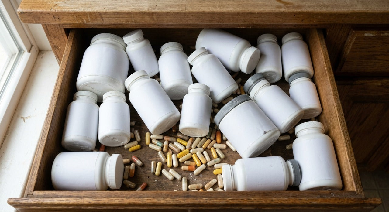 Cajón lleno de frascos de suplementos