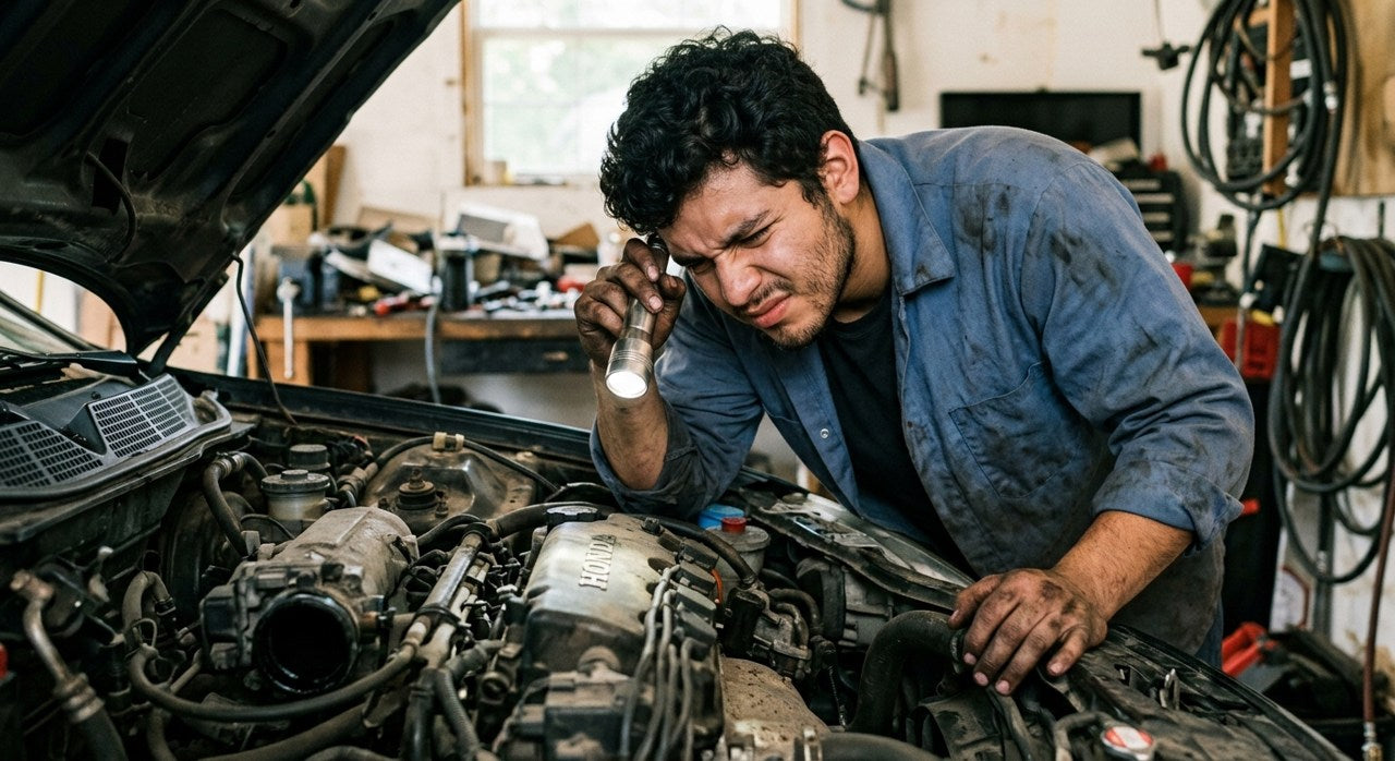 Hombre confundido intentando ver dentro de una tuberia sin herramientas