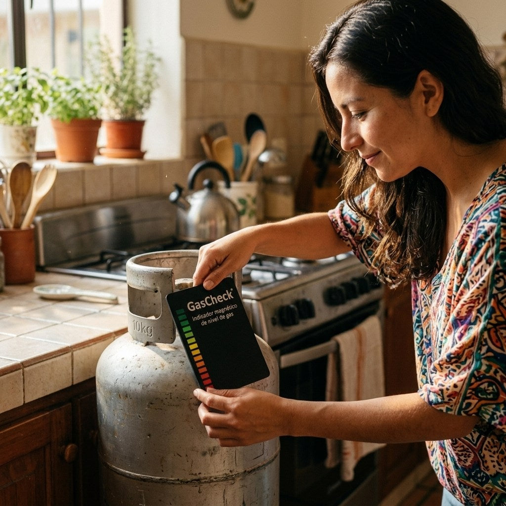 Mujer revisando el nivel de gas con GasCheck