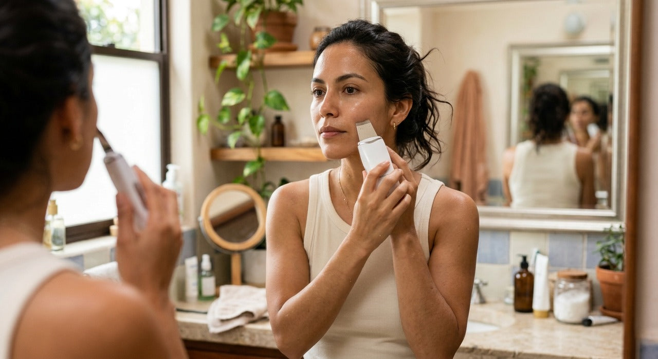 Mujer usando GlowPeel en su rutina facial