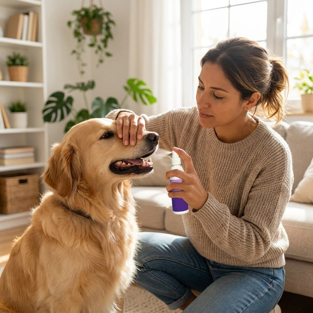 Aplicando el spray a un perro tranquilo