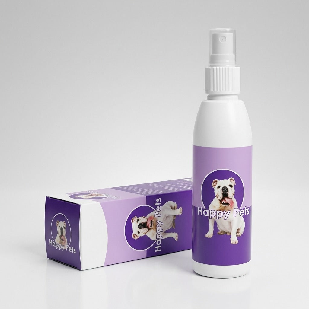 Vista del frasco Happy Pets con su empaque