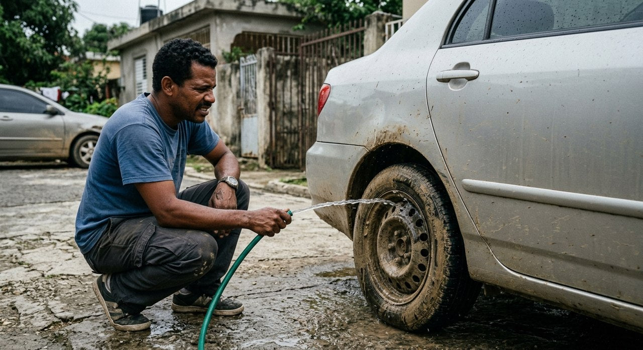 Manguera sin fuerza sobre el auto sucio