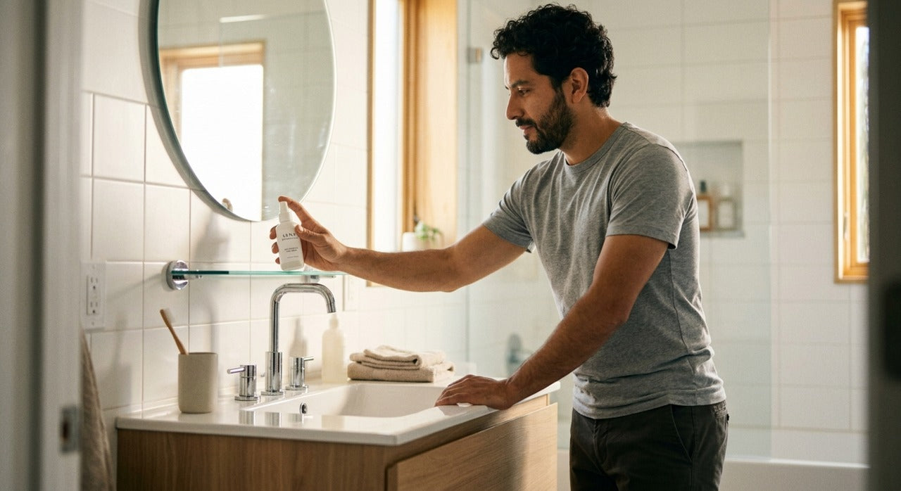 Hombre tomando el frasco en el bano