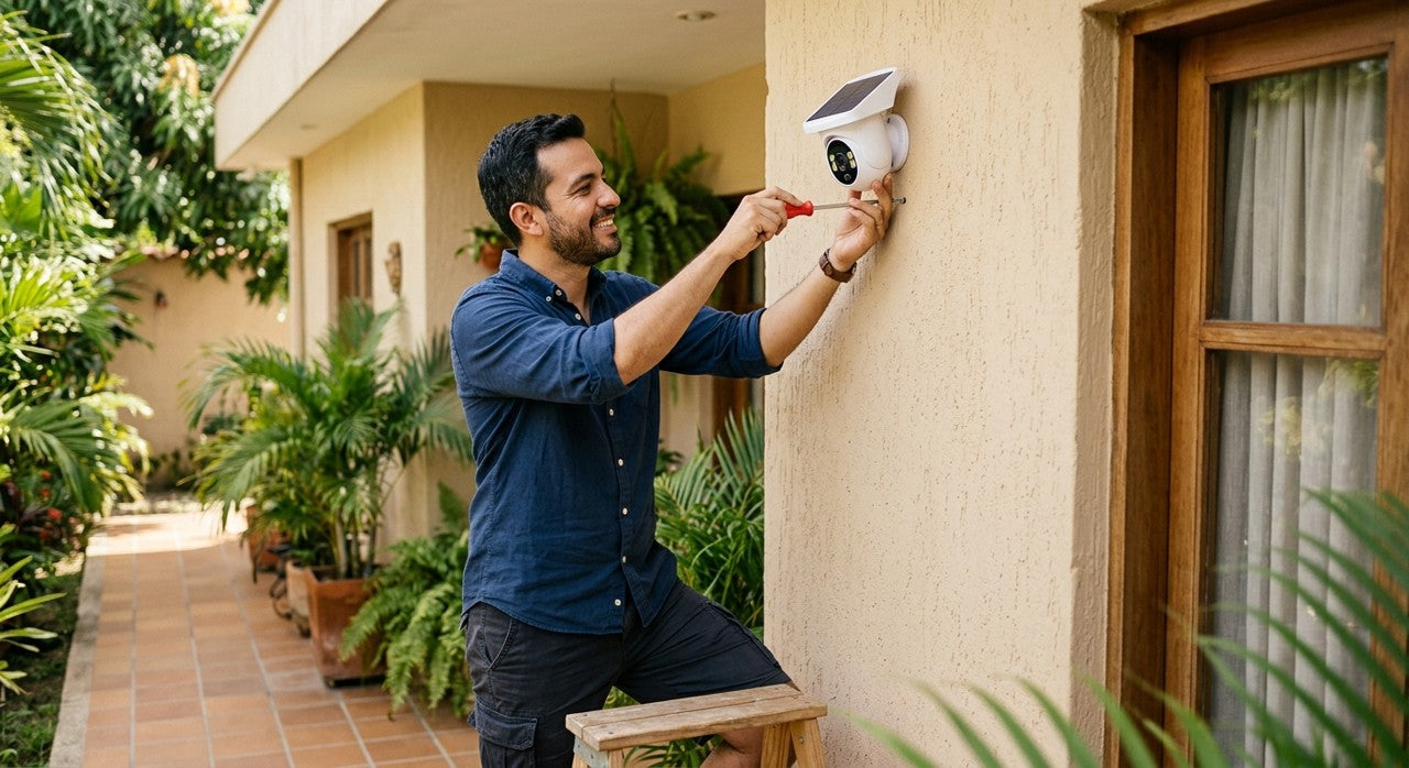 Hombre instalando la lampara solar GuardLight