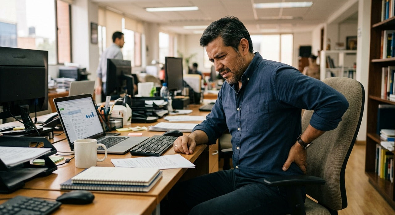 Hombre con molestia lumbar tras un dia de trabajo