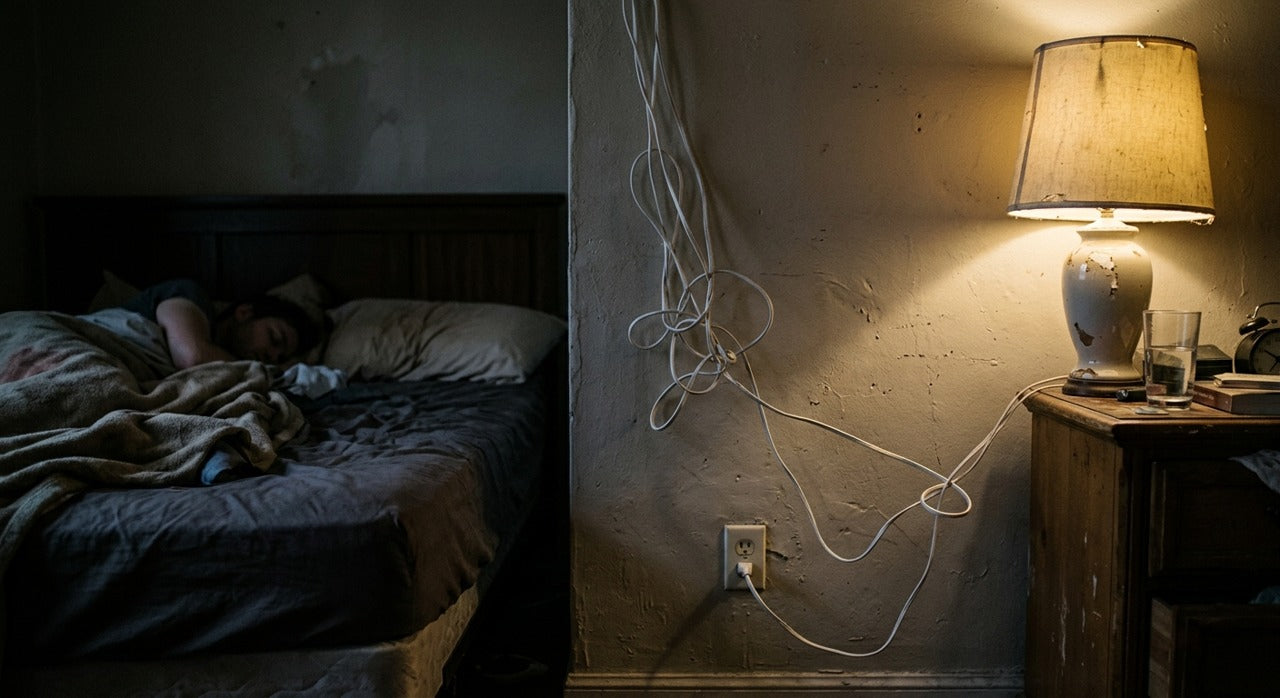 Lámpara vieja con el cable colgando por la pared