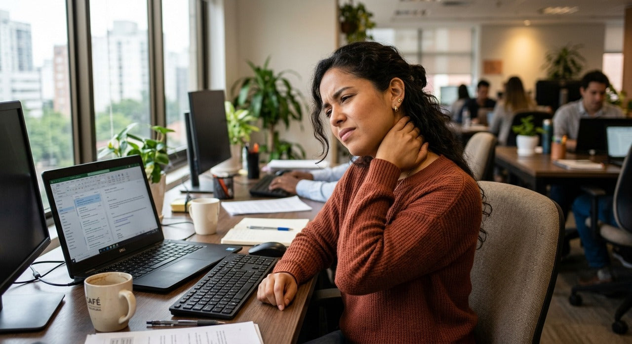 Mujer con tensión en el cuello tras largas horas de trabajo
