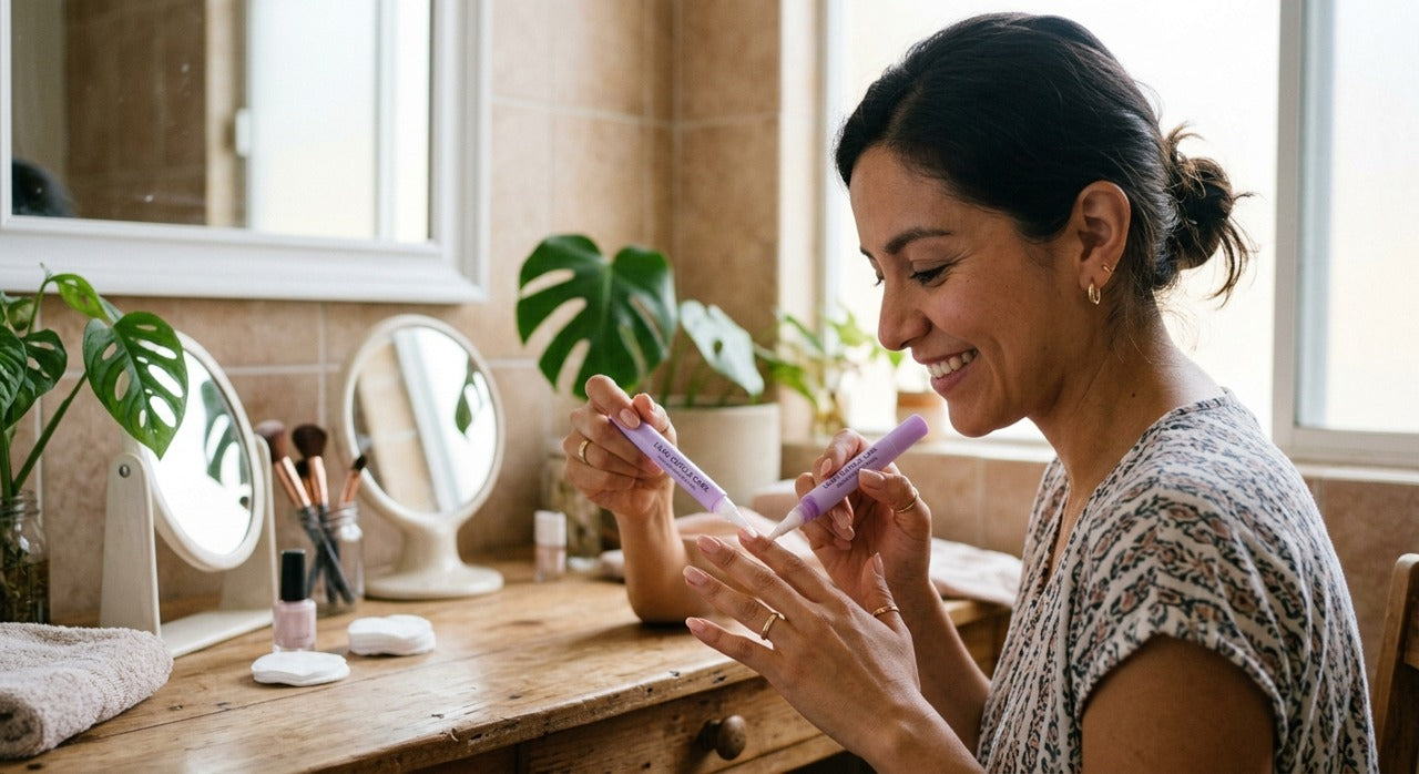 Mujer usando NailGlow en sus unas