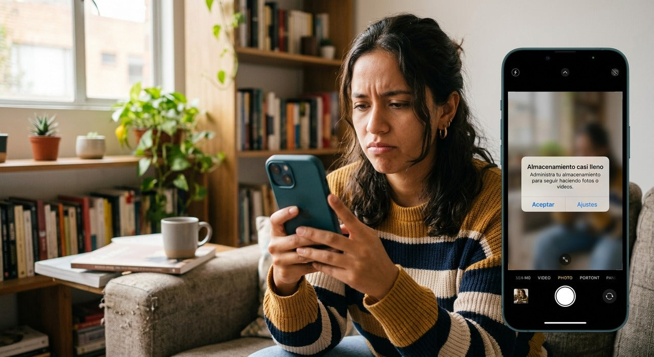 Mujer frustrada por falta de espacio en su celular