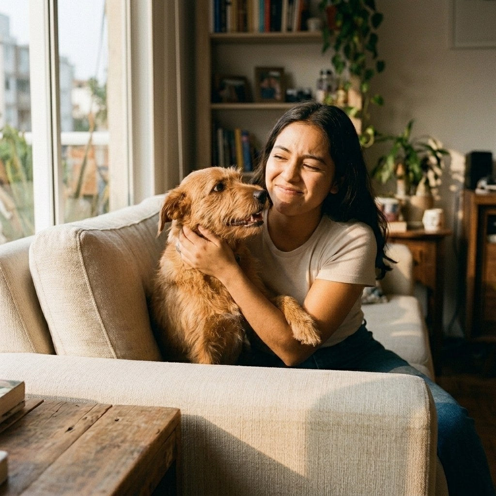 Mujer evitando el contacto cercano con su perro