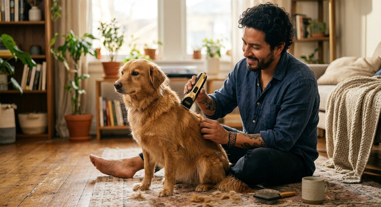 Hombre usando PetGroom en su mascota