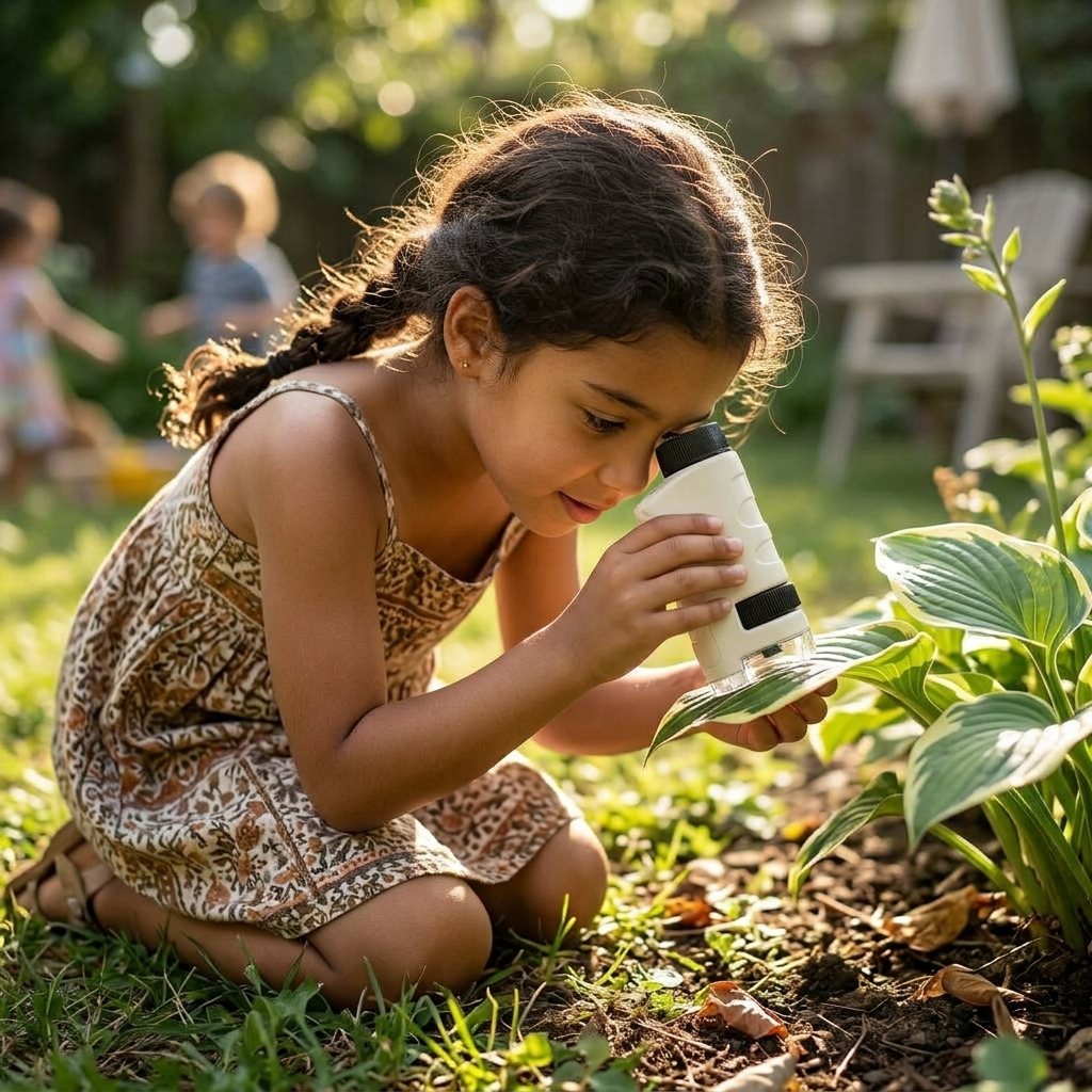 Niña explorando una hoja con Petiscope