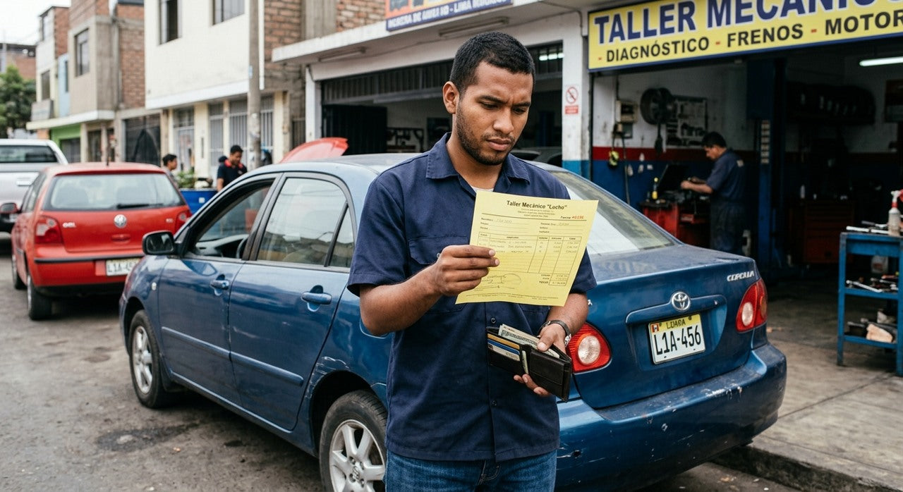 Hombre preocupado por el costo del taller mecanico