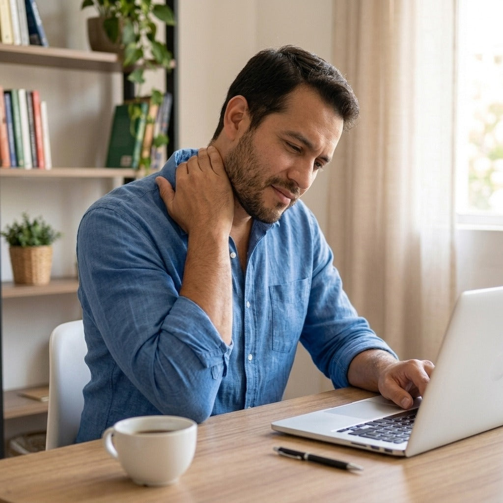 Hombre con tension en el cuello frente a la computadora