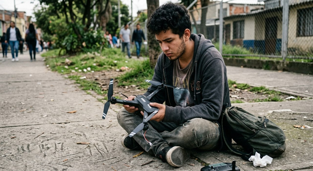 Hombre con un drone de juguete roto