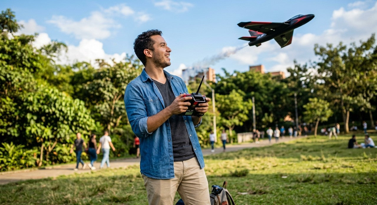 Hombre volando SkyStrike al aire libre