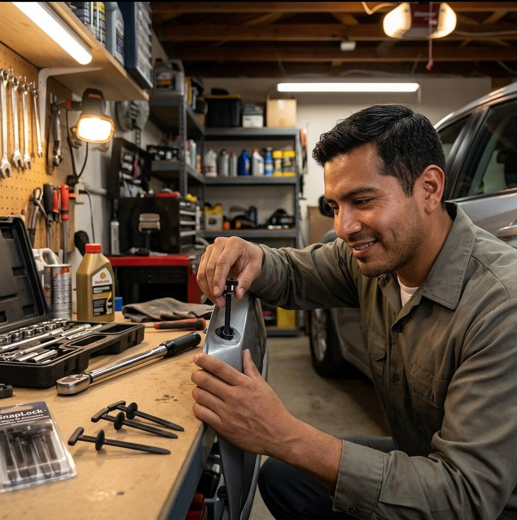 Hombre reparando un clip de parachoques con SnapLock