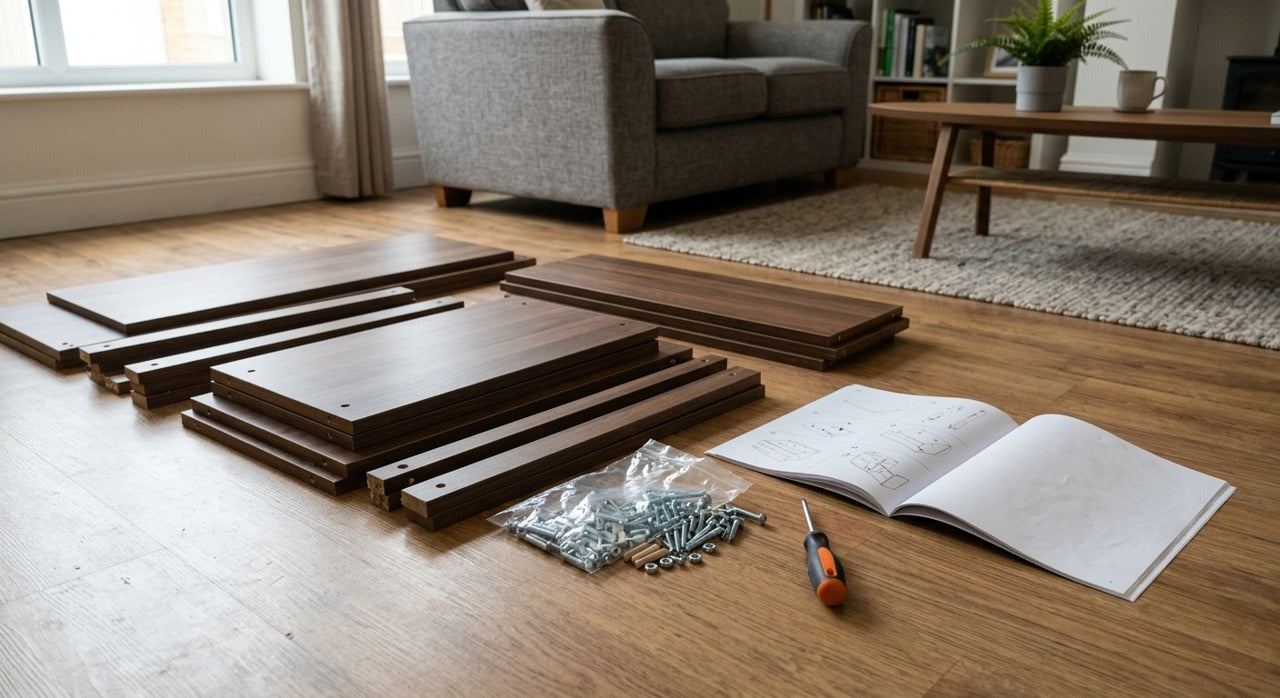 Mueble sin armar con destornillador de mano