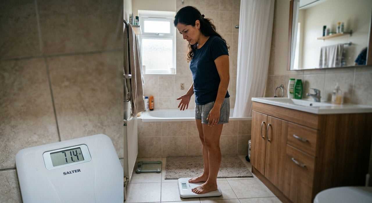 Mujer confundida con una bascula comun sin contexto
