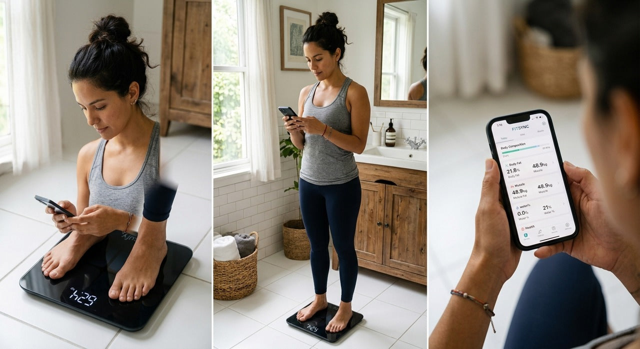 Mujer usando VitaScale con su app movil