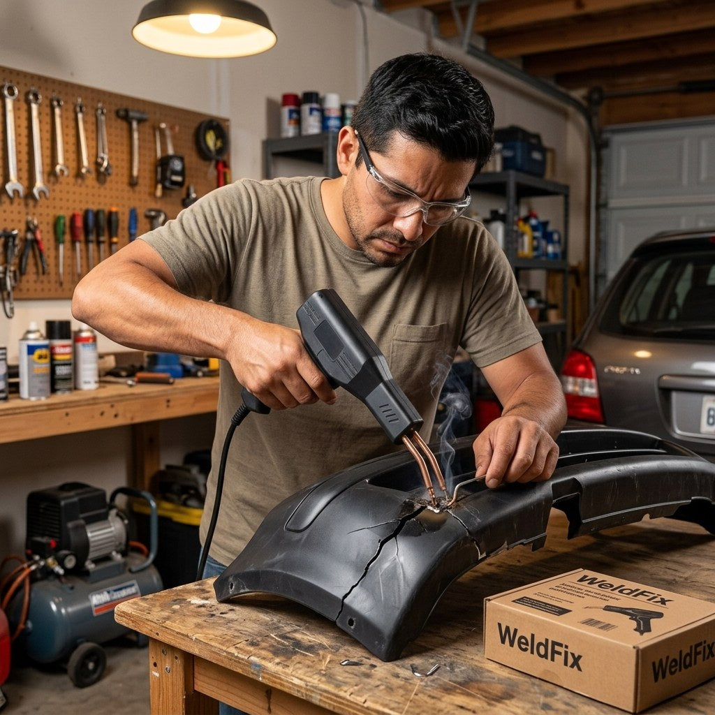 Hombre reparando un parachoques con WeldFix
