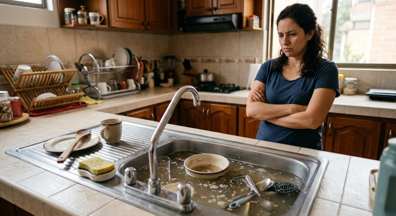 Agua estancada en el fregadero por el drenaje tapado