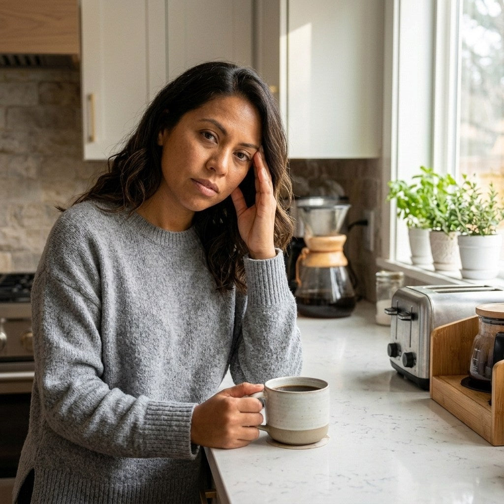 Mujer cansada con cafe tradicional